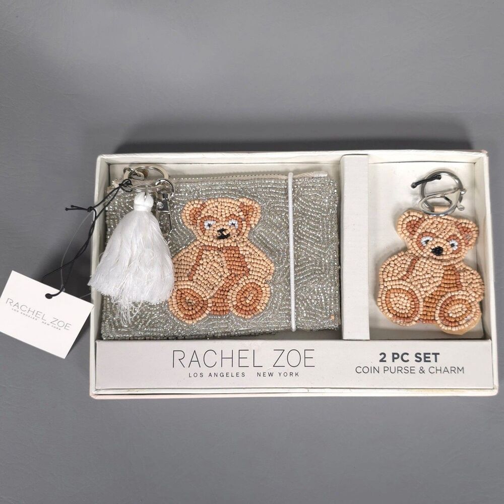 RACHEL ZOE New Viral Release 2pc Set Beaded Silver Teddy Bear Coin Purse & Charm - Picture 5 of 8